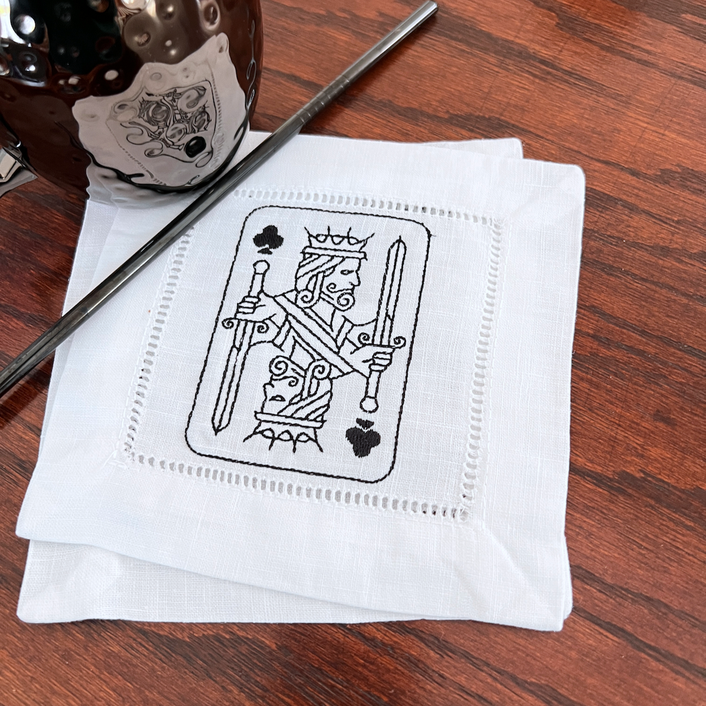 Playing Cards Cocktail Napkins, Poker Cocktail Cloth Napkins - White Tulip Embroidery