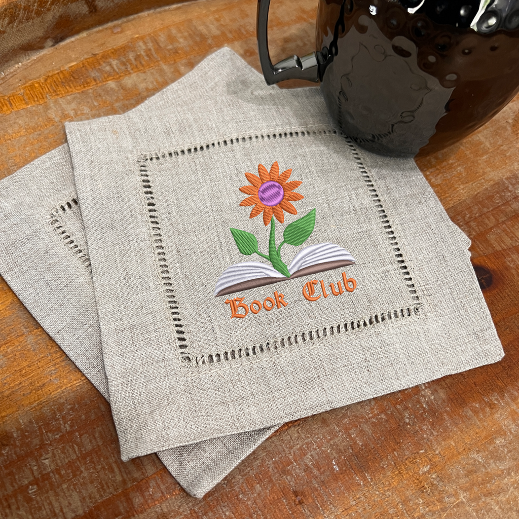 Blooming Flower Book Club Cloth Cocktail Napkins, Set of 4, Book Gift - White Tulip Embroidery