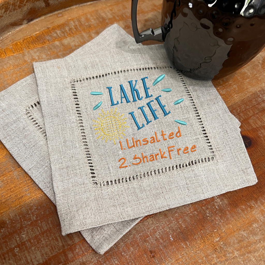 Lake Life Cloth Cocktail Napkins, Set of 4, Funny Lake gift - White Tulip Embroidery