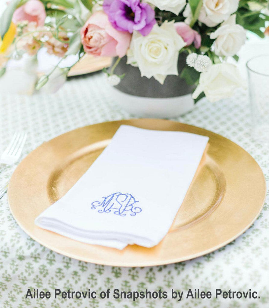 Abigail Monogrammed Embroidered Cloth Napkins - Set of 4 napkins - White Tulip Embroidery