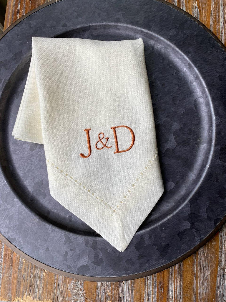 Ampersand Plus Sign Two Letter Monogrammed Cloth Napkins - White Tulip Embroidery