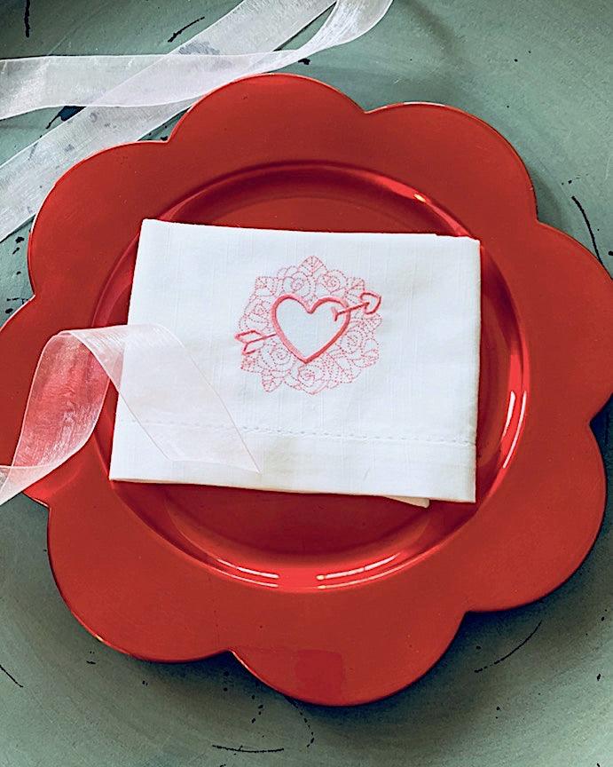 Arrow Heart Valentine's Day Cloth Napkins - White Tulip Embroidery