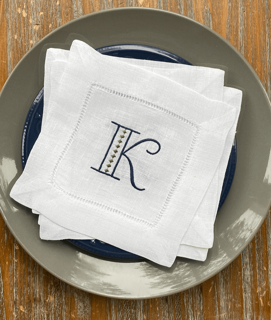 Art Deco Monogrammed Cocktail Napkins, Set of 4 - White Tulip Embroidery