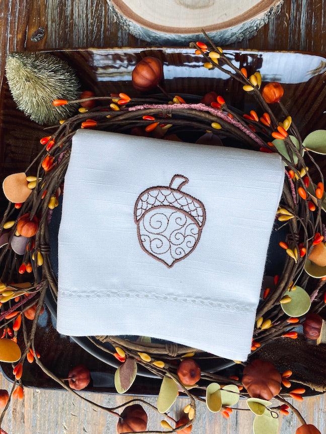 Autumn Acorns Cloth Napkins - Set of 4 napkins - White Tulip Embroidery