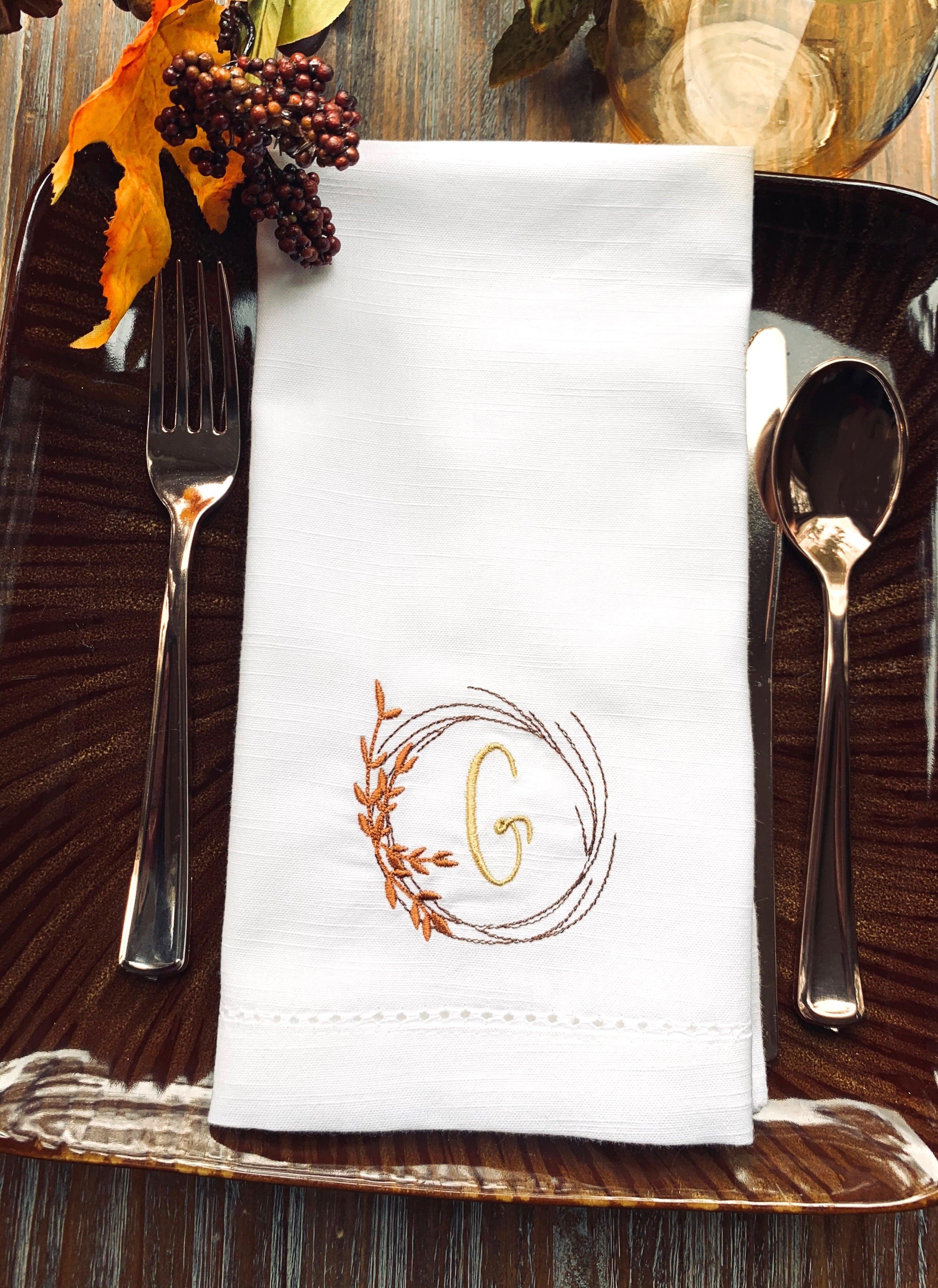 Wheat Wreath Embroidered Dinner Napkins, Thanksgiving Table Decor