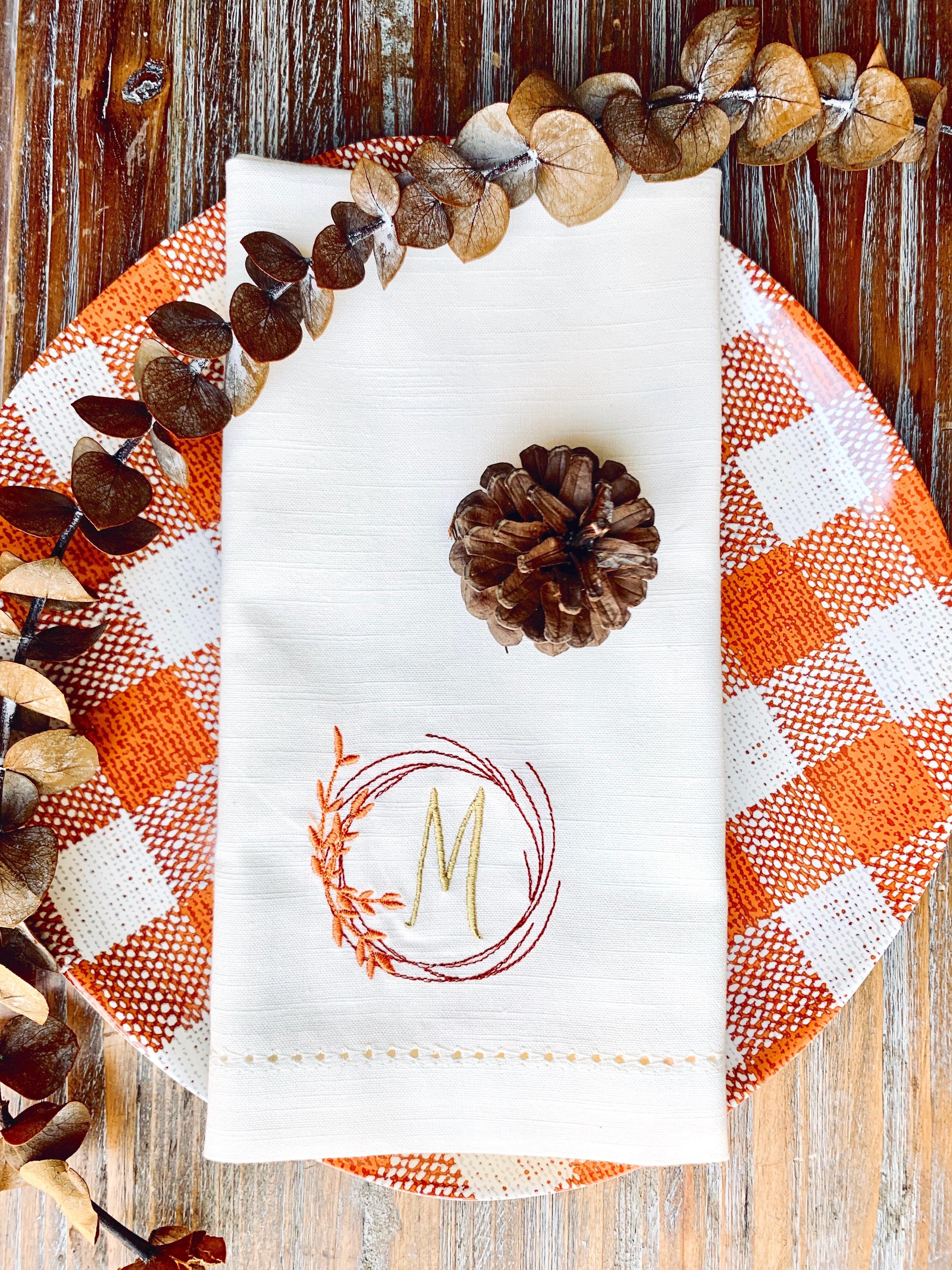 Leaf Wreath Monogrammed Embroidered Cloth Napkins - Set of 4 napkins