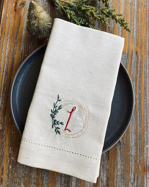 Leaf Wreath Monogrammed Embroidered Cloth Napkins - Set of 4 napkins