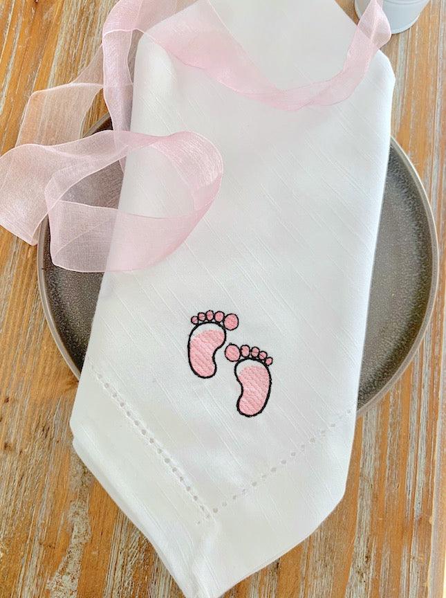 Baby Shower Footprint Napkins - Set of 4 napkins - White Tulip Embroidery