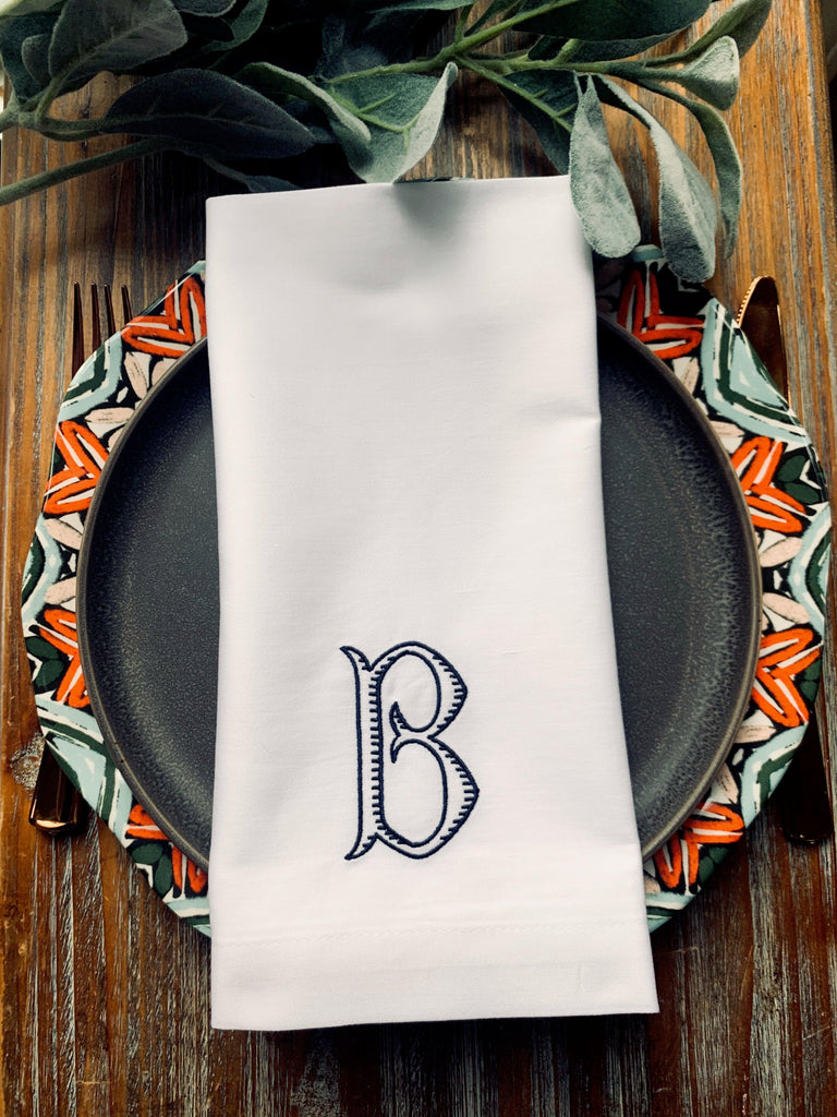 Baroque Monogrammed Embroidered Cloth Napkins - White Tulip Embroidery