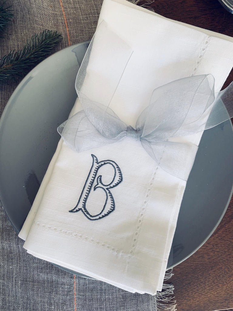 Baroque Monogrammed Embroidered Cloth Napkins - White Tulip Embroidery