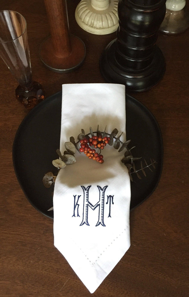 Baroque Three Monogram Monogrammed Cloth Dinner Napkins - Set of 4 napkins - White Tulip Embroidery
