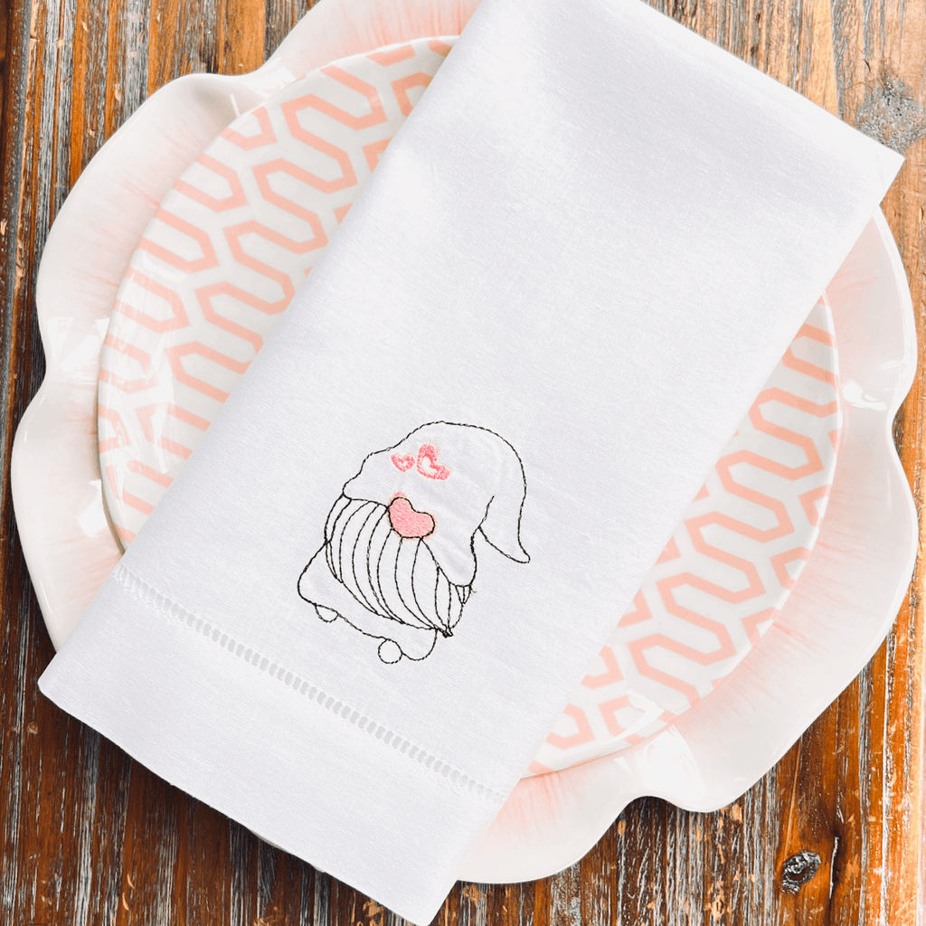 Bearded Gnome Heart Embroidered Cloth Napkins - Set of 4 napkins - White Tulip Embroidery