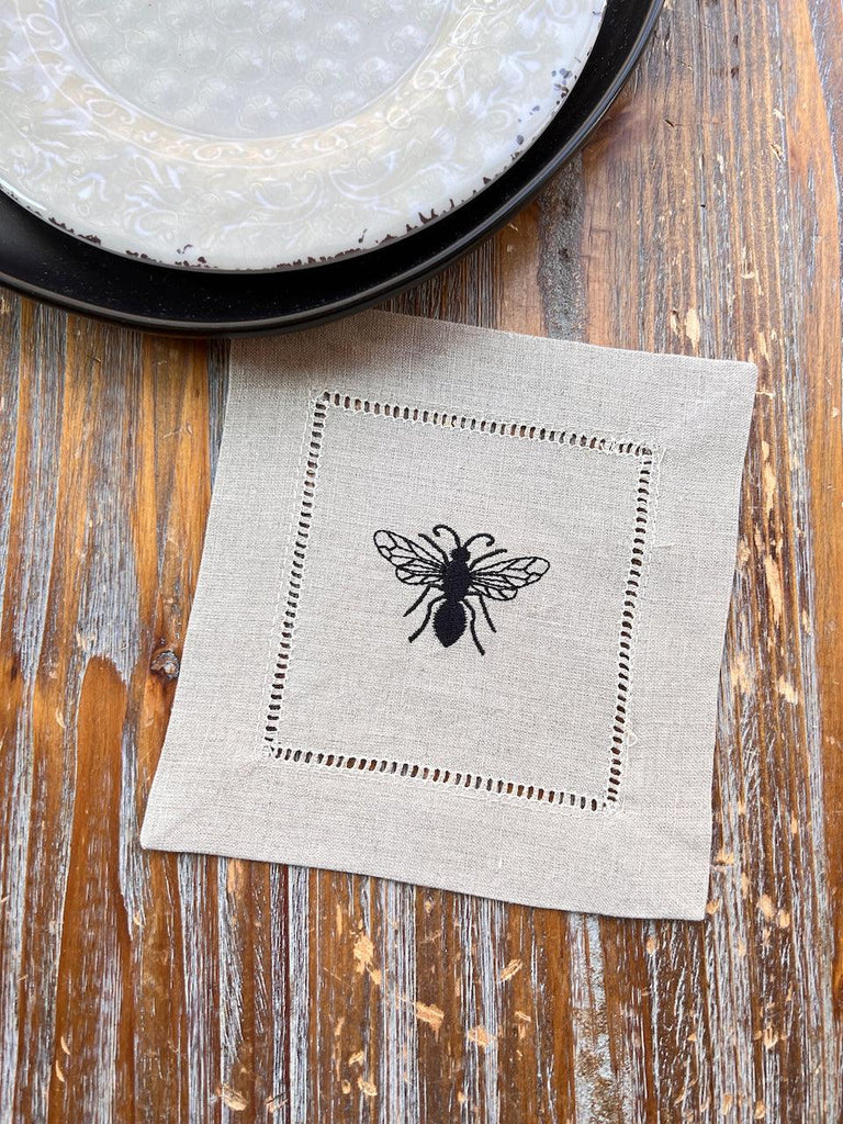 Bee Linen Cocktail Napkins, Set of 4 - White Tulip Embroidery