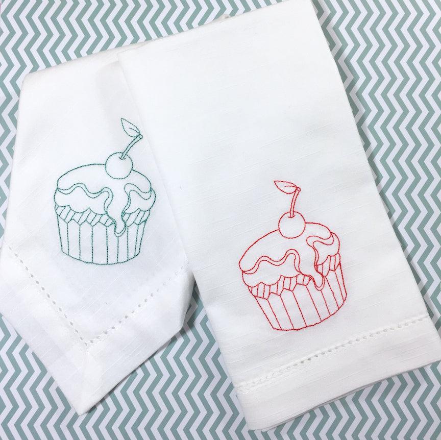 Birthday Cupcake Embroidered Cloth Napkins - White Tulip Embroidery
