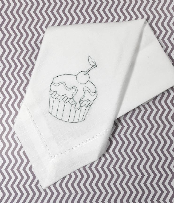 Birthday Cupcake Embroidered Cloth Napkins - White Tulip Embroidery