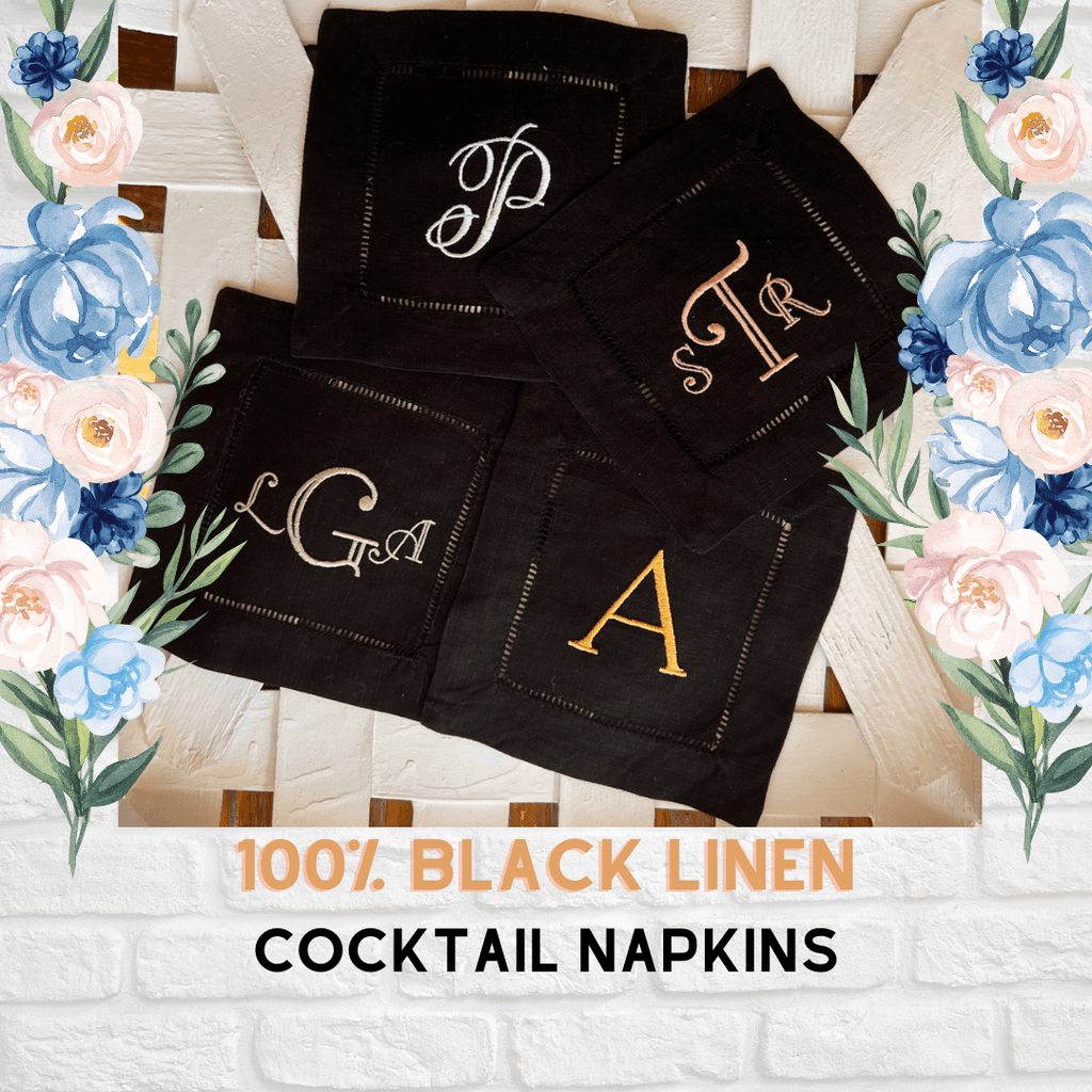 Black Monogrammed Linen Cocktail Napkins, Set of 4 - White Tulip Embroidery