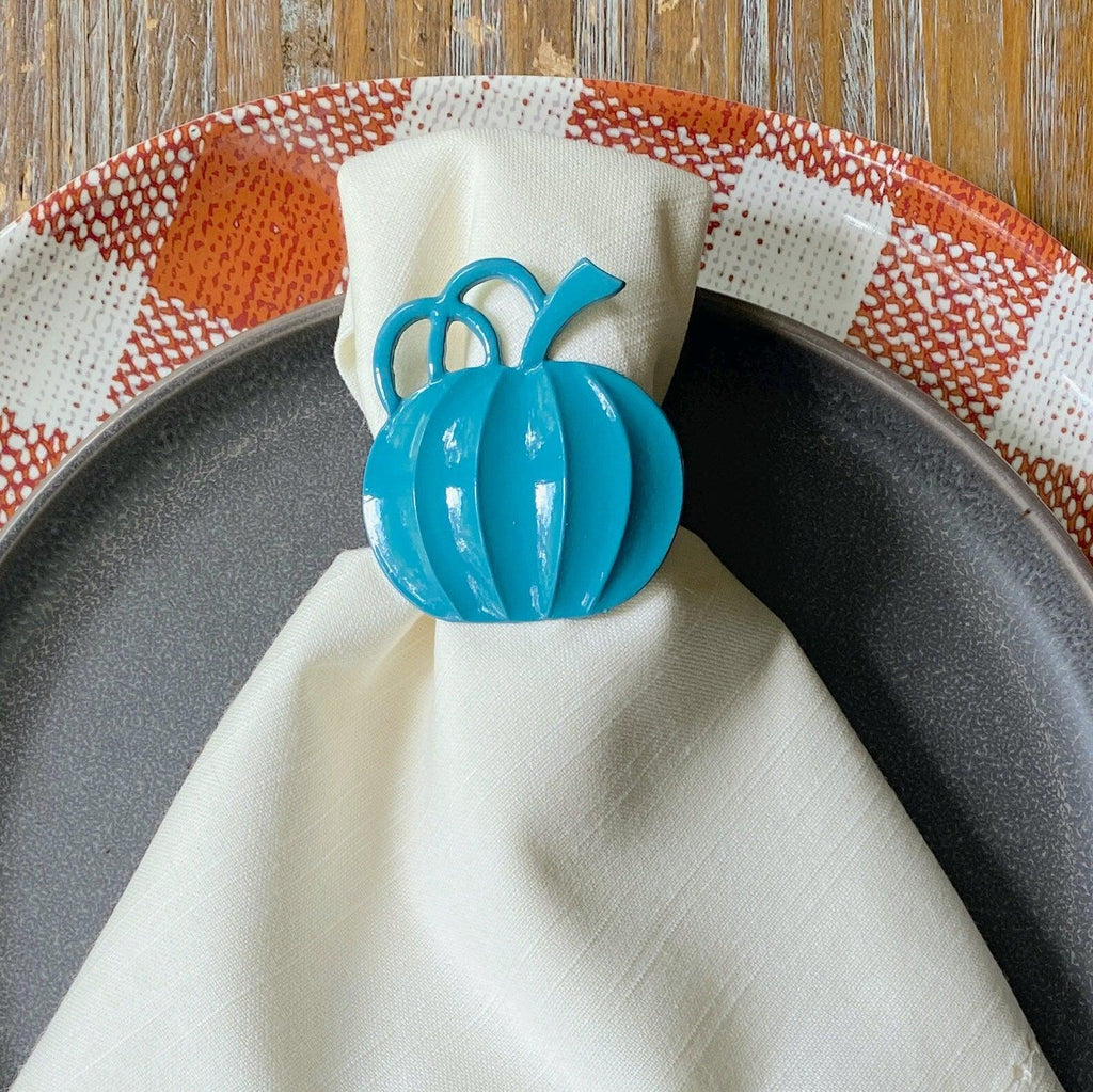 Blue Pumpkin Metal Napkin Rings, Set of 6, Halloween napkin rings, thanksgiving napkin rings - White Tulip Embroidery