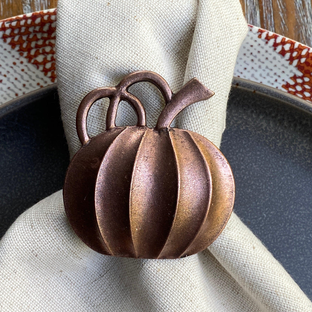 Bronze Pumpkin Napkin Rings, Set of 6 - White Tulip Embroidery