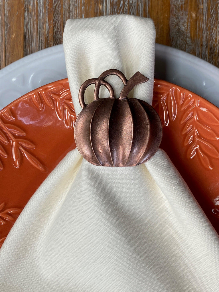 Bronze Pumpkin Napkin Rings, Set of 6 - White Tulip Embroidery