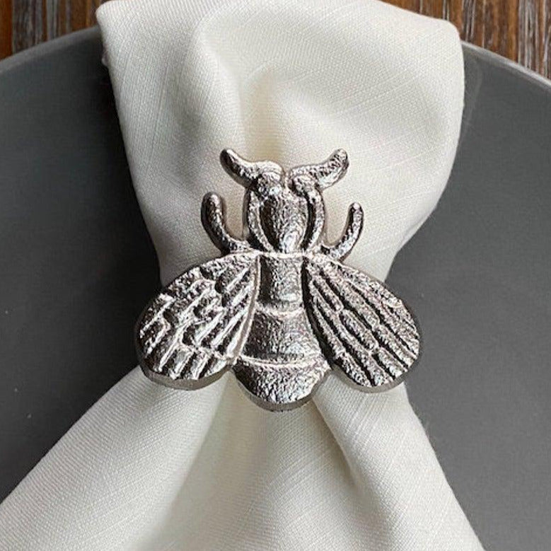 Bug Napkin Rings, Set of 12, Silver Bug napkin rings, Bee, beetle, dragon fly, lady bug - White Tulip Embroidery