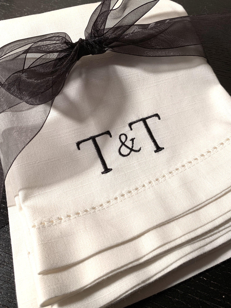 Bulk Ampersand Plus Sign Two Letter Monogrammed Cloth Napkins, Set of 25 - White Tulip Embroidery