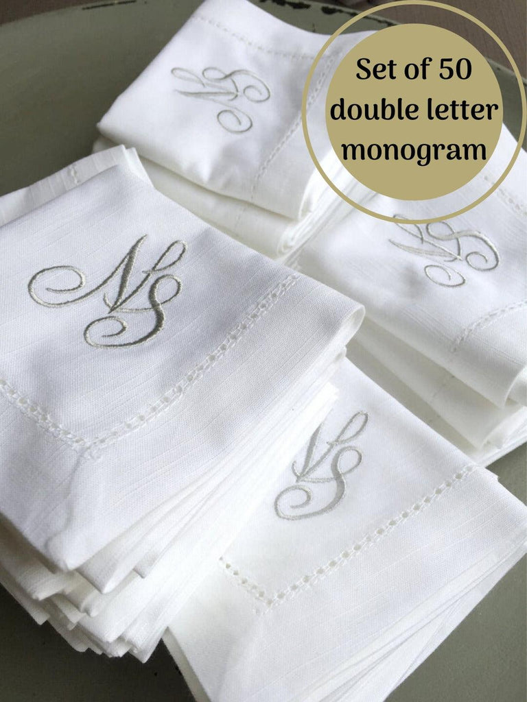 Bulk Two Initial Script Monogrammed Cloth Napkins - Set of 50 - White Tulip Embroidery
