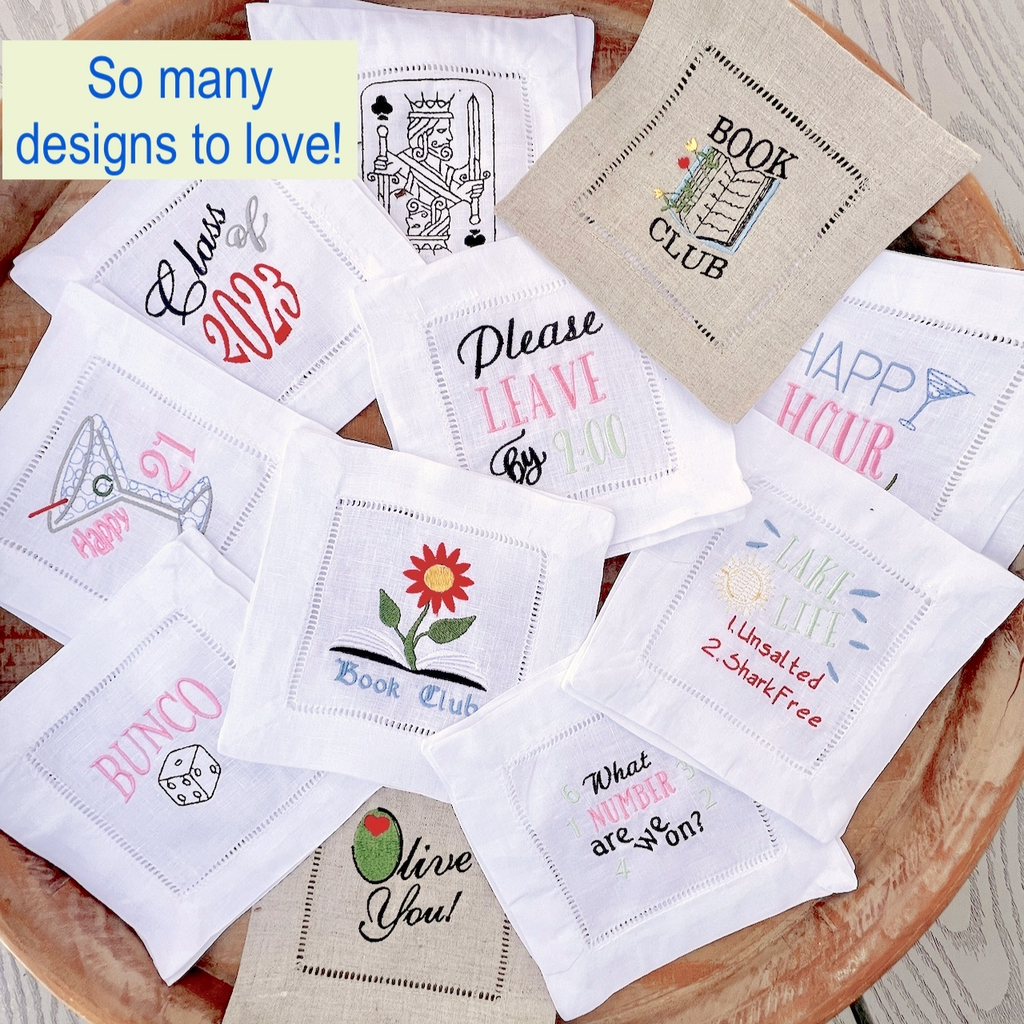 Festive Christmas Words Cloth Cocktail Napkins, Set of 4 - White Tulip Embroidery