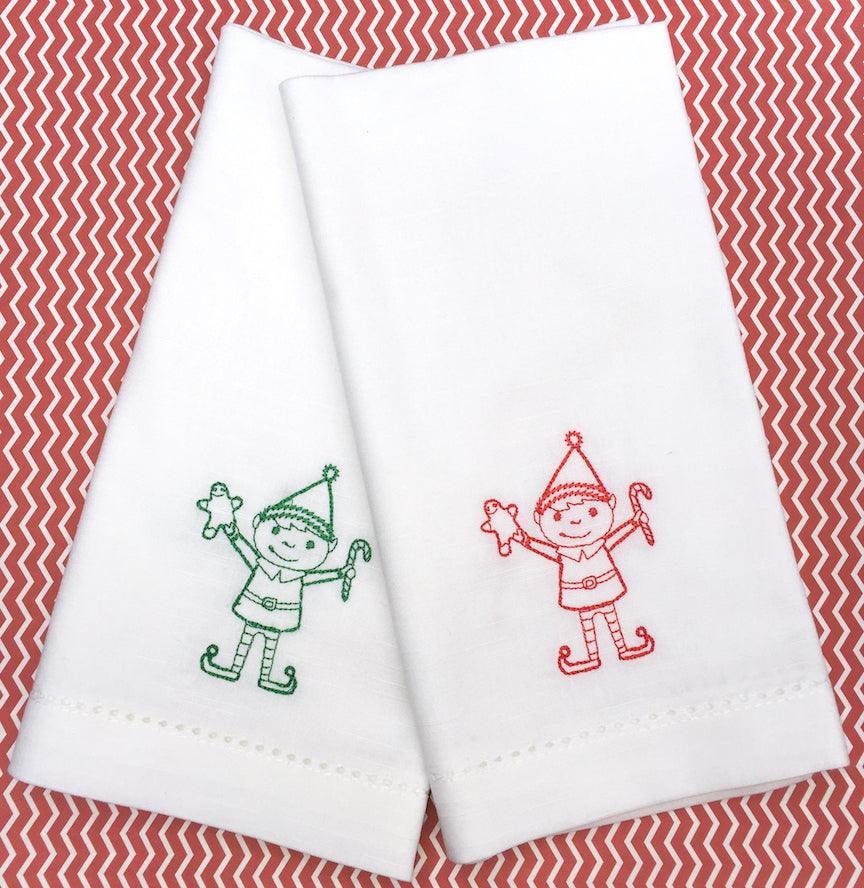 Christmas Elf Cloth Napkins - Set of 4 napkins - White Tulip Embroidery