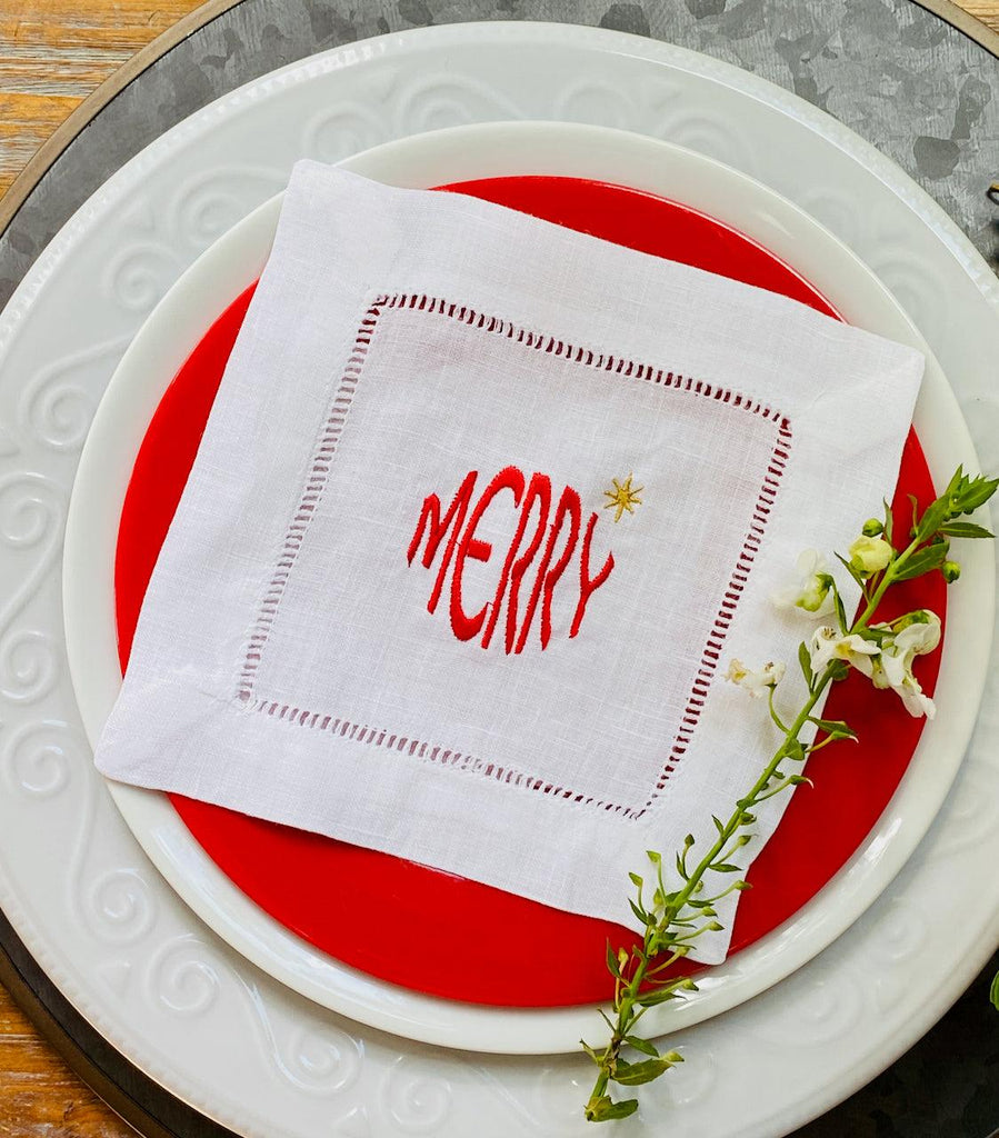 Christmas Merry Cloth Cocktail Napkins, Set of 4 - White Tulip Embroidery