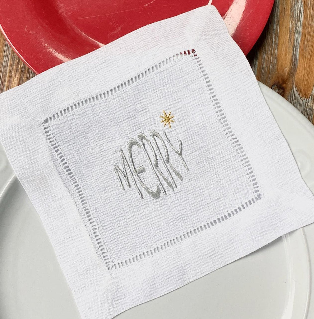 Christmas Merry Cloth Cocktail Napkins, Set of 4 - White Tulip Embroidery
