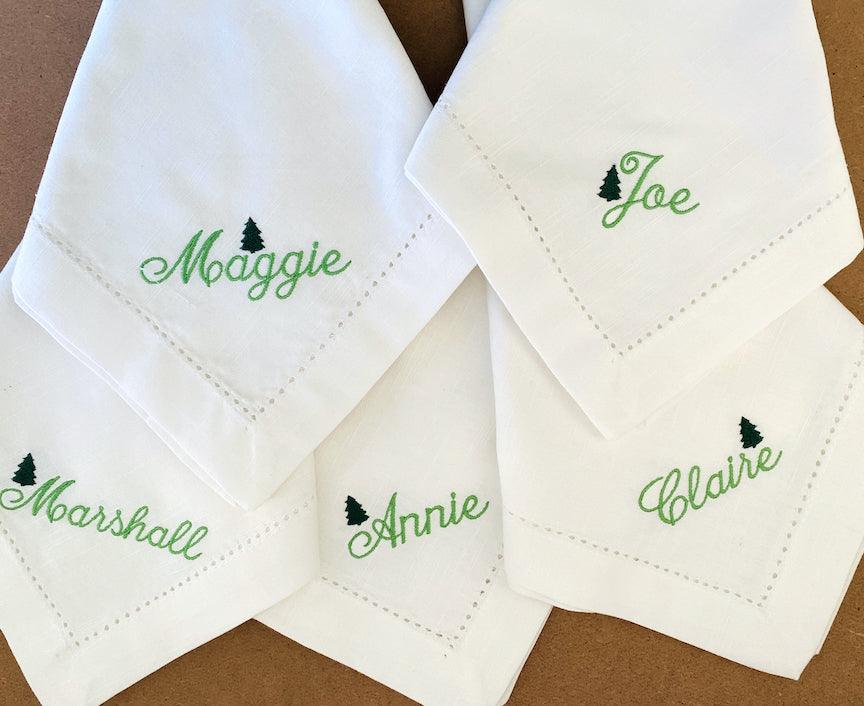 Christmas Name Napkins, Set of 4 Christmas Place Cards - White Tulip Embroidery