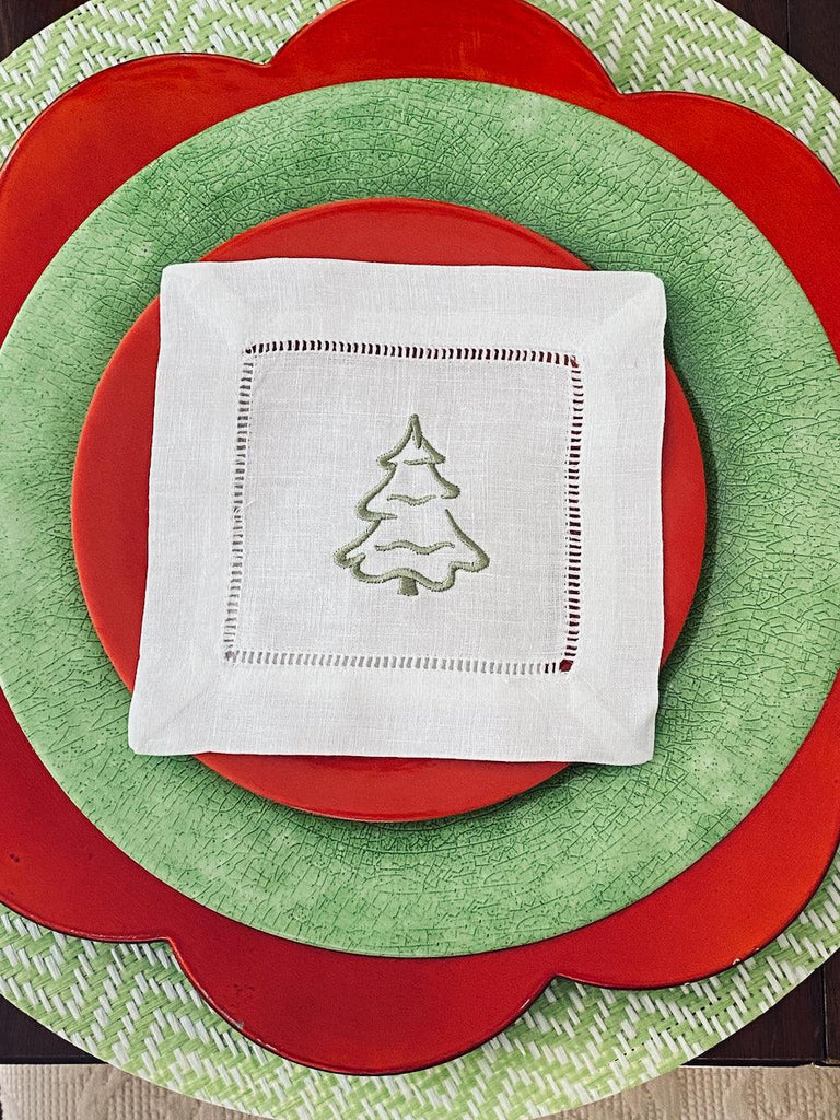 Christmas Tree Cloth Cocktail Napkins, Set of 4 - White Tulip Embroidery