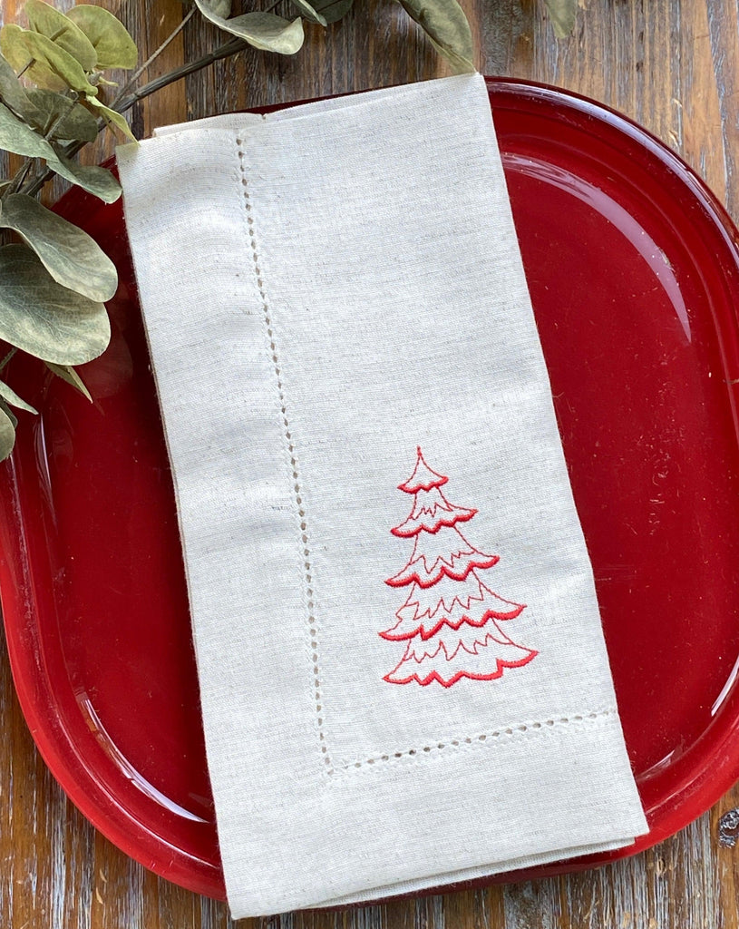 Christmas Tree Embroidered Cloth Napkins - Set of 4 napkins - White Tulip Embroidery