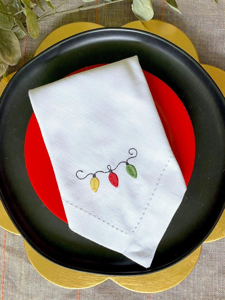 Christmas Tree Lights Cloth Napkins - White Tulip Embroidery