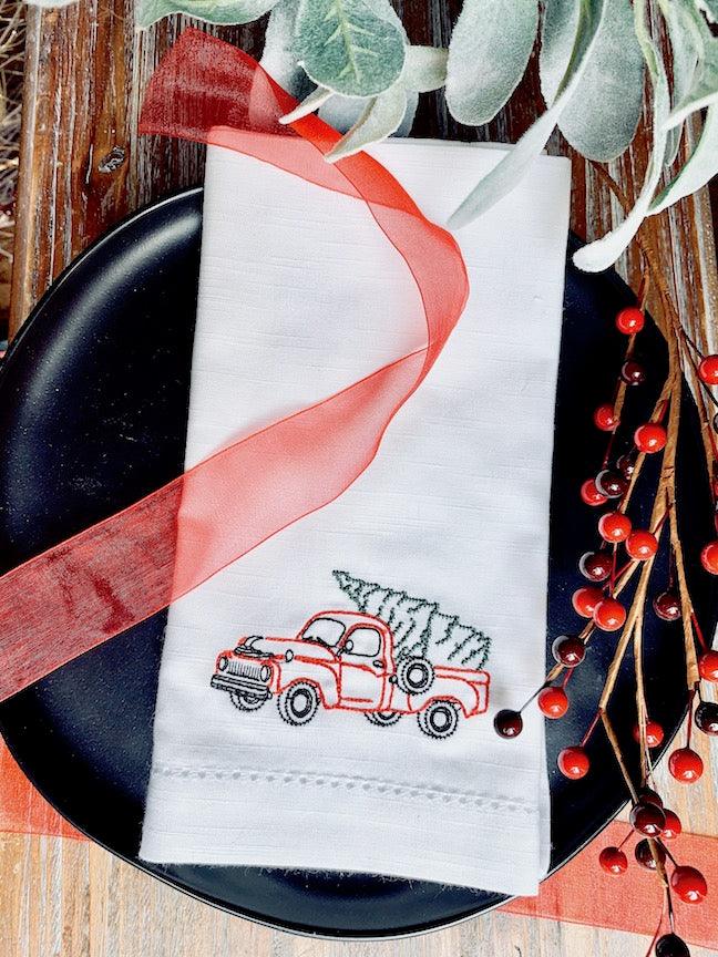 Christmas Truck Cloth Napkins - White Tulip Embroidery