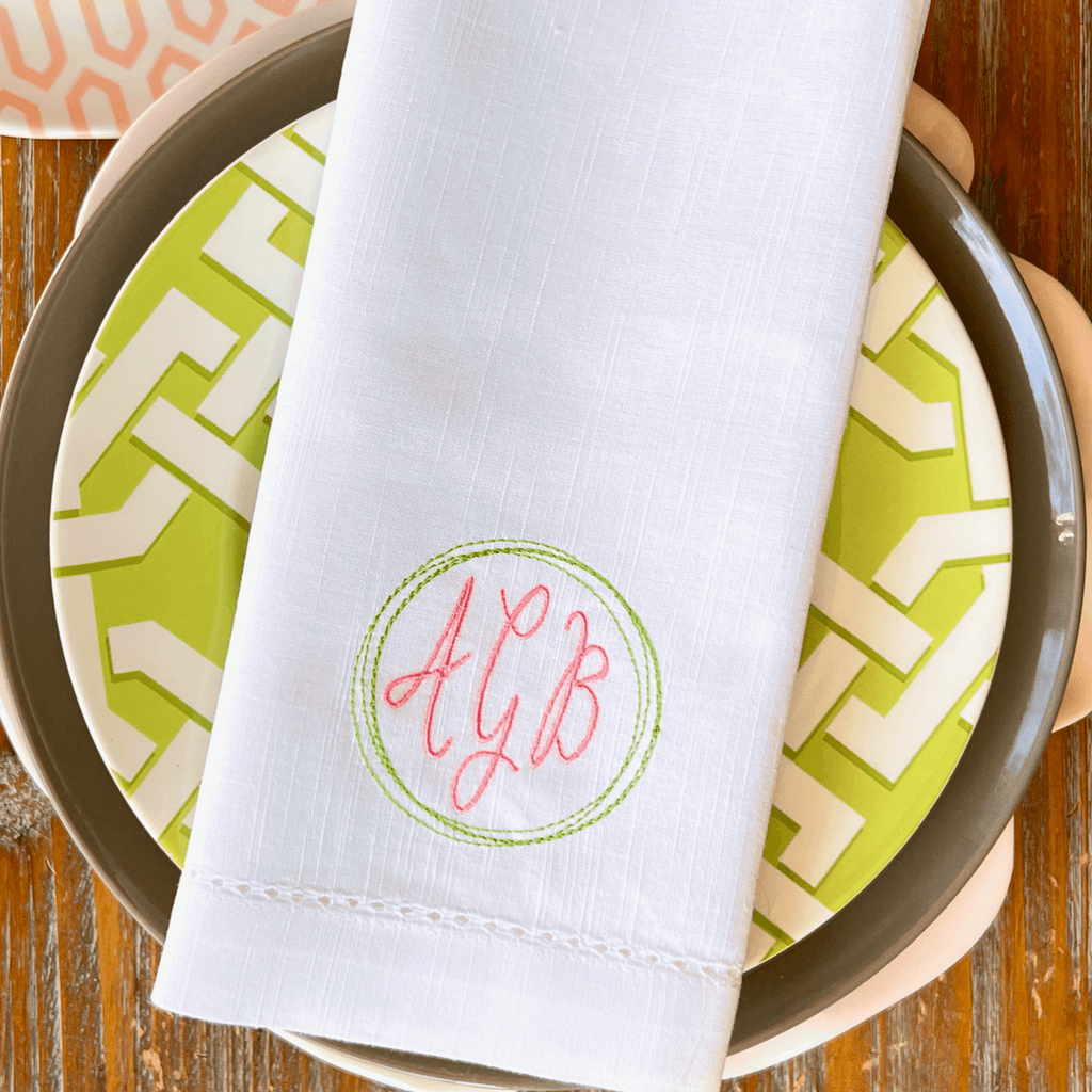 Circle Wreath Monogrammed Embroidered Cloth Napkins - Set of 4 napkins - White Tulip Embroidery