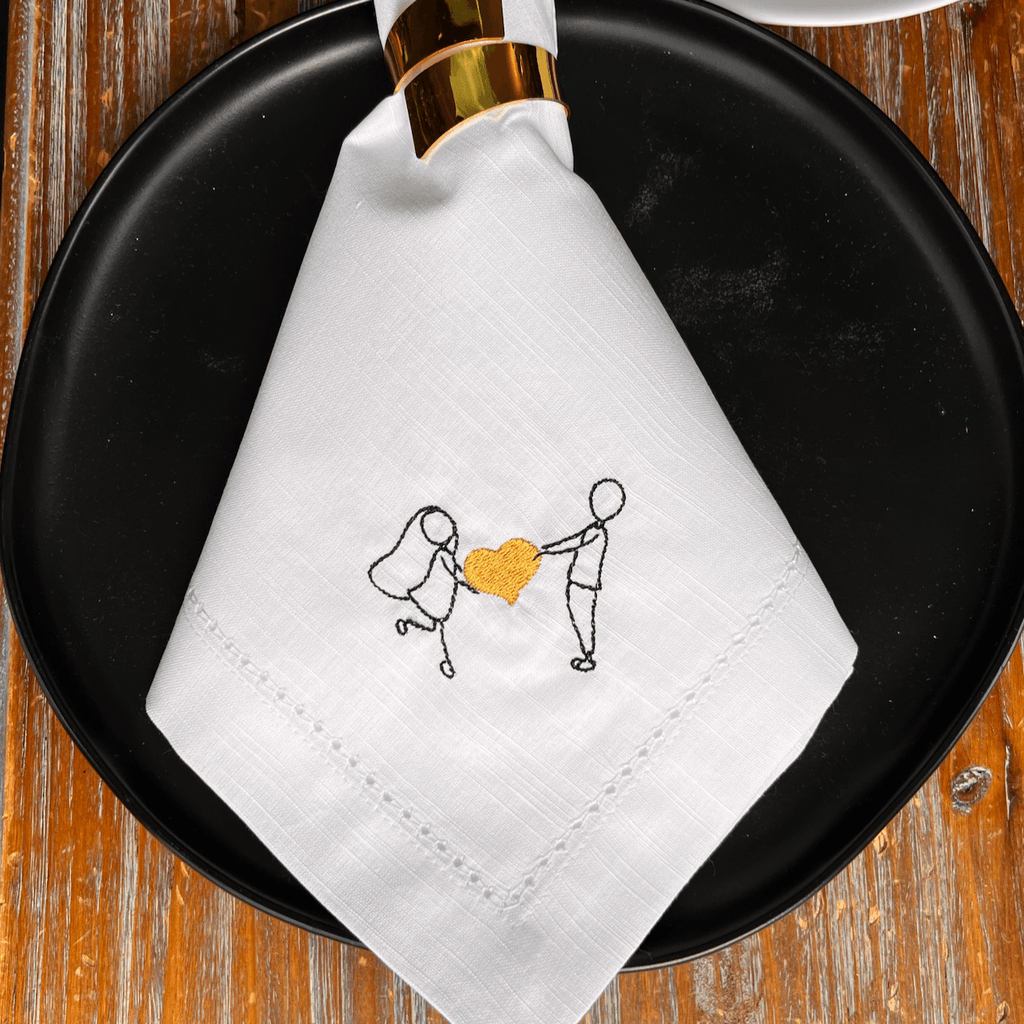 Couple Holding Heart Embroidered Cloth Napkins - Set of 4 napkins - White Tulip Embroidery