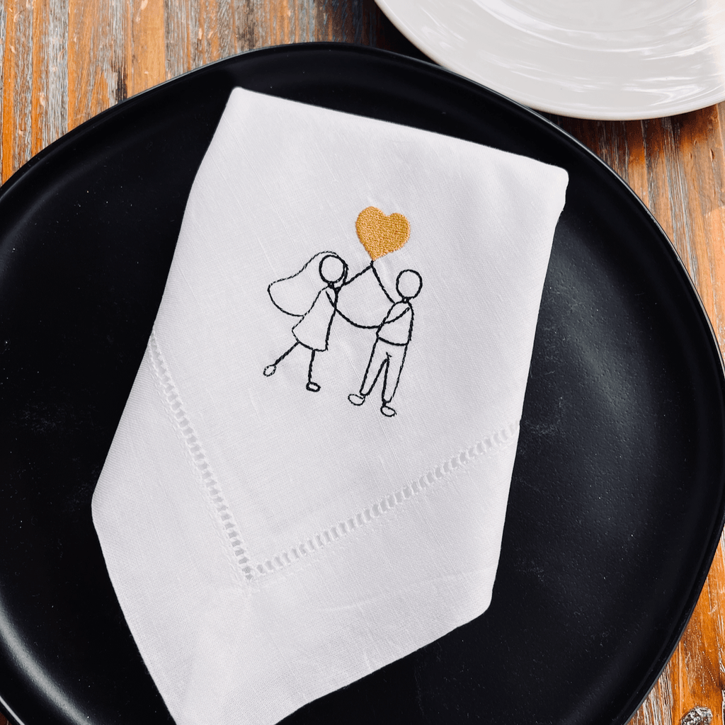 Couple Raised Heart Embroidered Cloth Napkins - Set of 4 napkins - White Tulip Embroidery