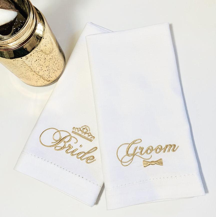Crown Bride and Bow tie Groom Wedding Cloth Napkins-Set of 2 napkins - White Tulip Embroidery