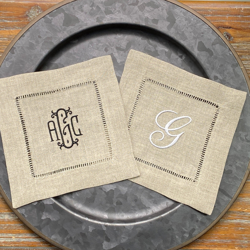 Custom Digitizing + Set of 75 Monogram Natural Beige Monogrammed Linen Cocktail Napkins, Ivory Thread - White Tulip Embroidery