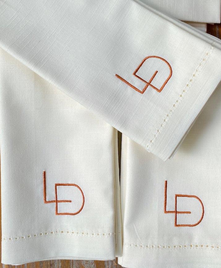 Deco Block 2 Letter Monogrammed Cloth Napkins - Set of 4 Duogram Napkins - White Tulip Embroidery