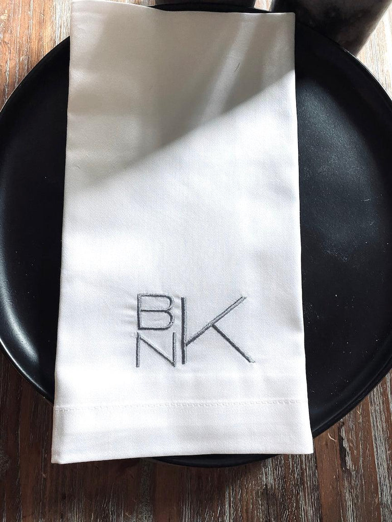 Deco Block Monogrammed Embroidered Cloth Napkins - White Tulip Embroidery
