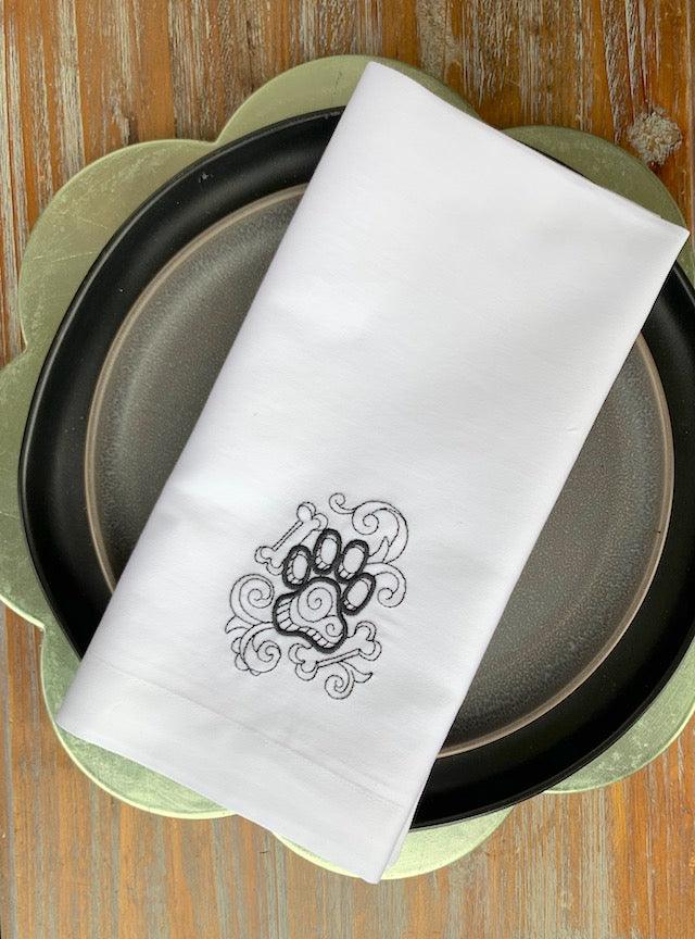 Dog Paw Embroidered Cloth Napkins - White Tulip Embroidery