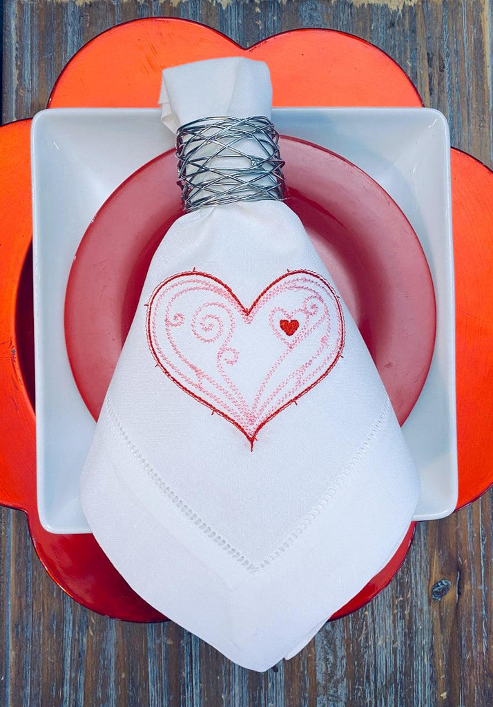 Doodle Heart Valentine's Day Cloth Napkins - White Tulip Embroidery