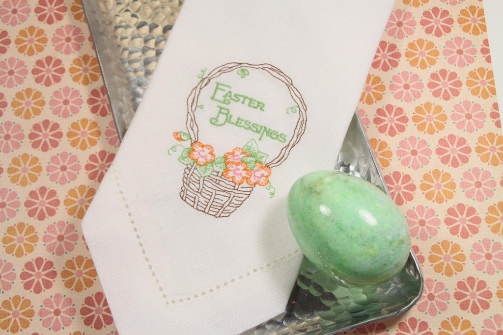 Easter Blessings Basket Embroidered Cloth Napkins - Set of 4 napkins - White Tulip Embroidery