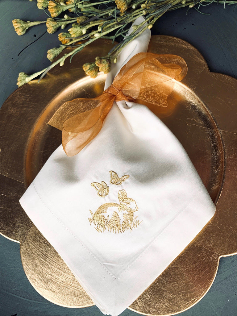 Easter Bunny Butterfly Cloth Napkins - Set of 4 napkins - White Tulip Embroidery