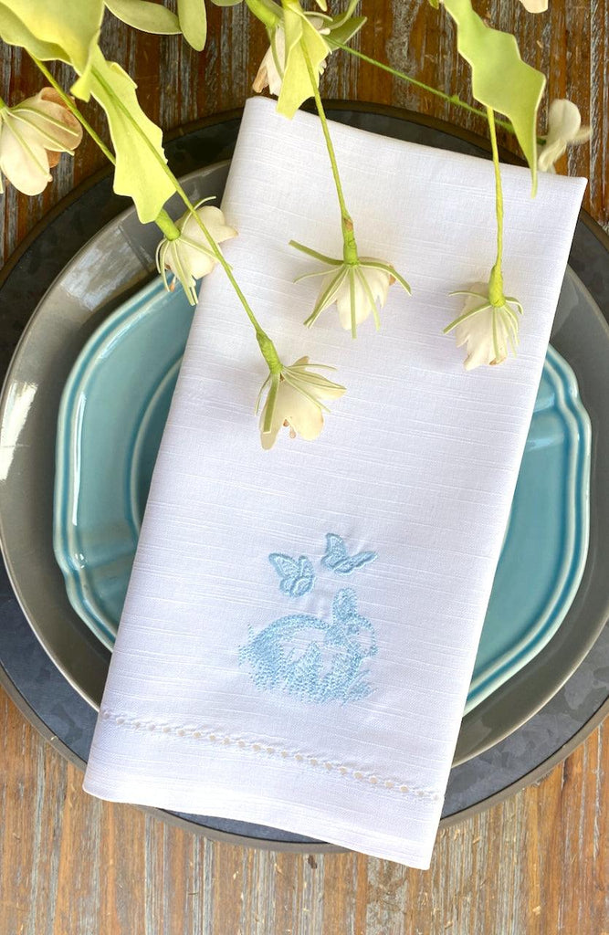 Easter Bunny Butterfly Cloth Napkins - Set of 4 napkins - White Tulip Embroidery
