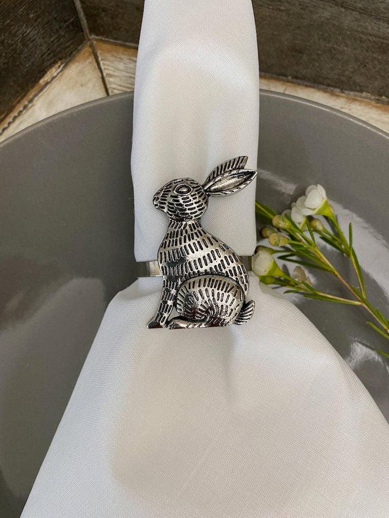 Easter Bunny Napkin Rings, Set of 6, Silver Easter napkin rings - White Tulip Embroidery