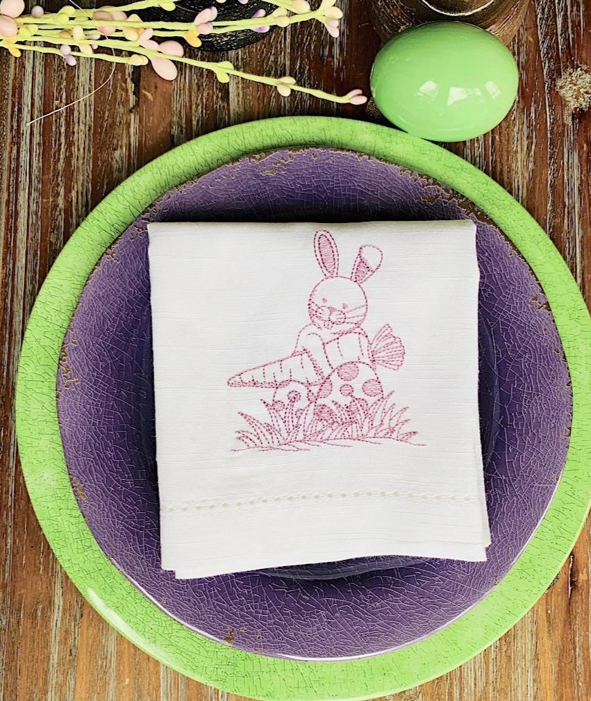 Easter Bunny with Flowers Embroidered Cloth Napkins - Set of 4 napkins - White Tulip Embroidery