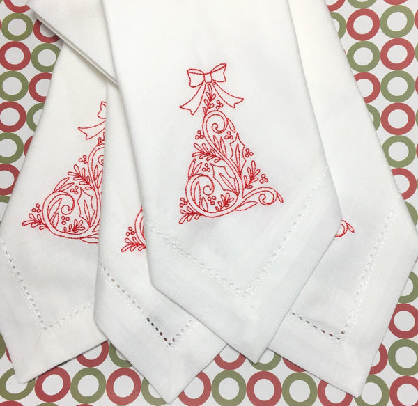 Woodland Christmas Tree Embroidered Cloth Napkins - Set of 4